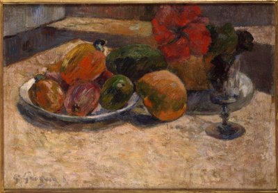 Exotisch fruit en rode bloemen door Paul Gauguin